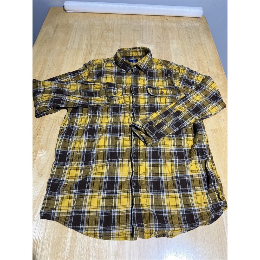 George Mens Shirt  L (42-44)‎  Flannel Yellow Brown Plaid Long Sleeve